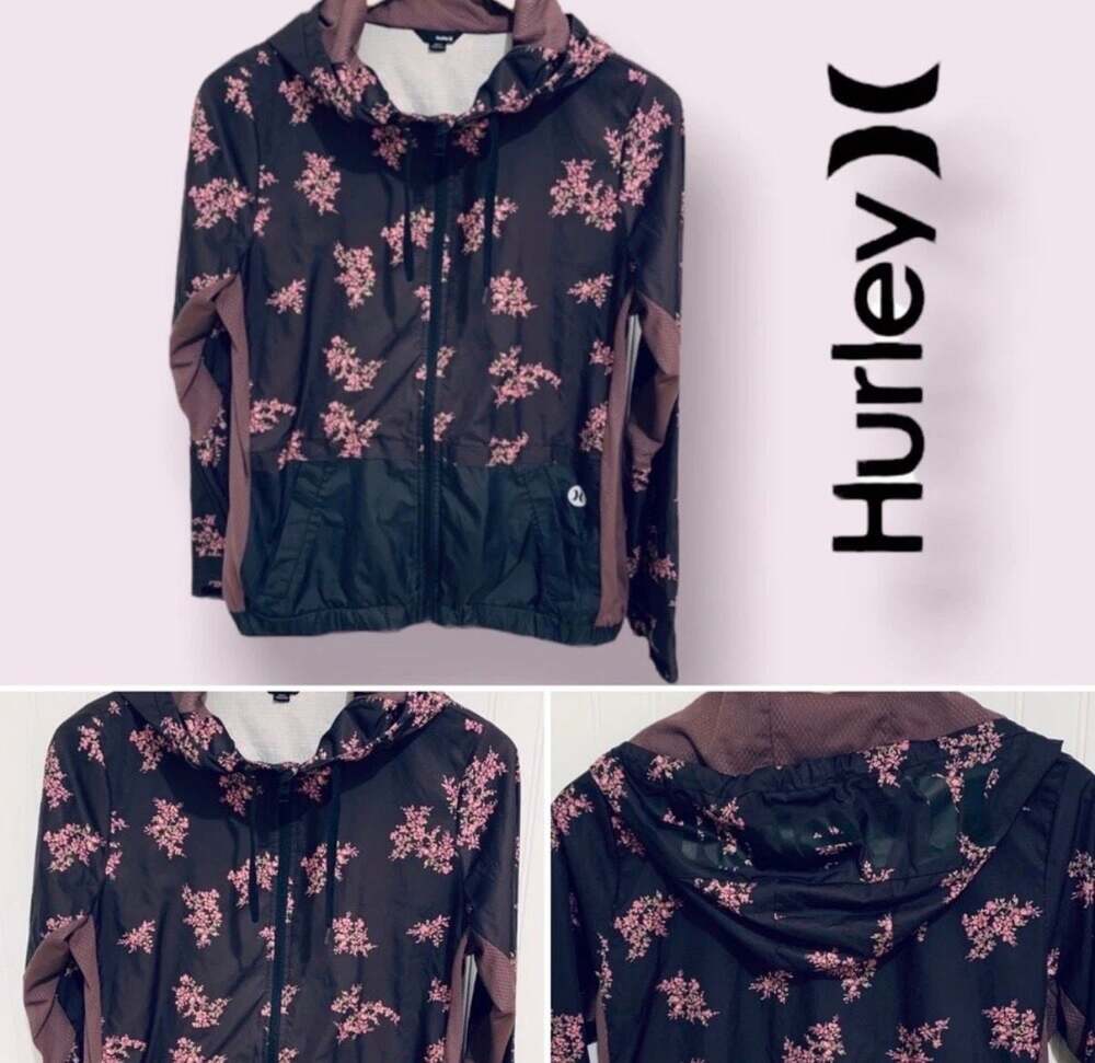 Hurley black floral lightweight full zip hoodie Jacket Small - shabby chic!